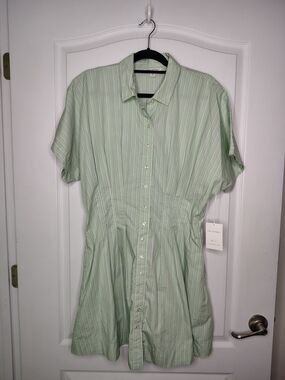 Light Green Striped Button-Front Shirt Dress